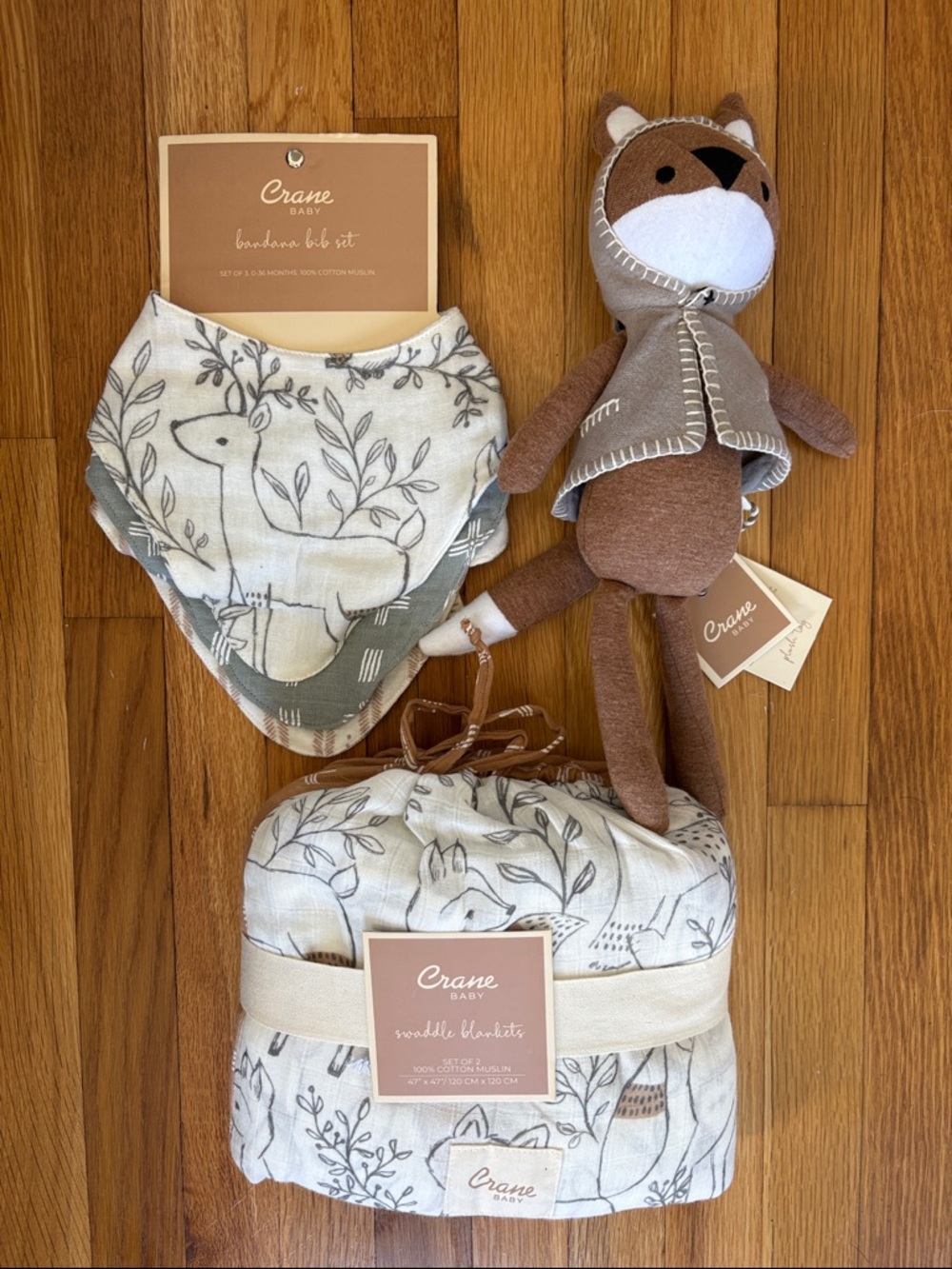 Crane Baby Neutral Woodland Bibs, Blanket & Fox Stuffie Set